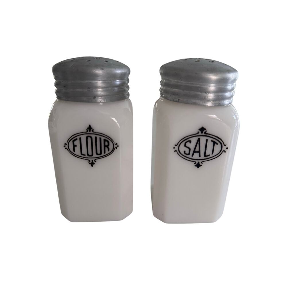 Hazel Atlas Milk Glass Condiment Set, Salt and Flour Dispensers